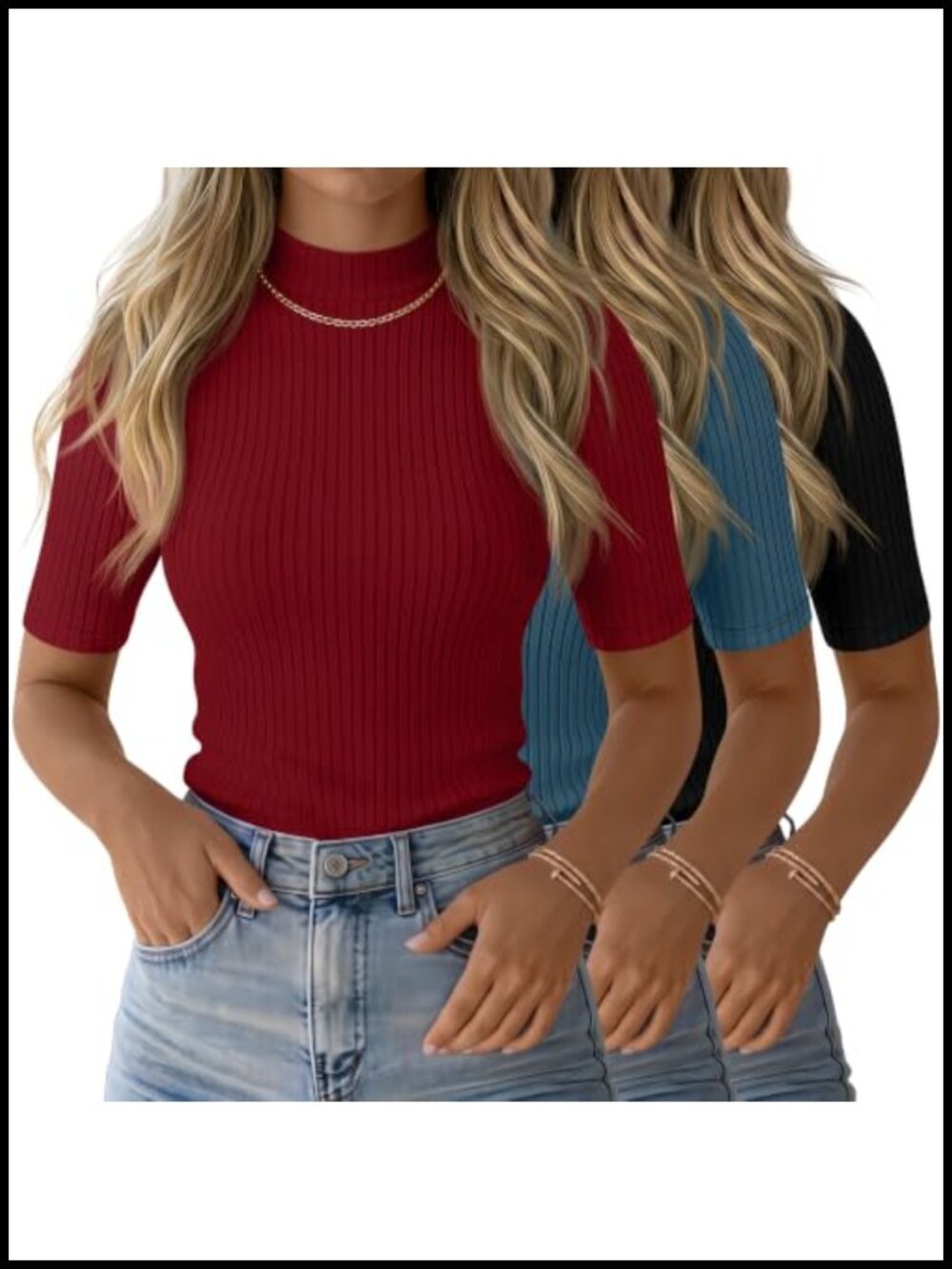 3 Pack Women's Mock Neck Ribbed T-Shirts 95% Rayon 5% Spandex